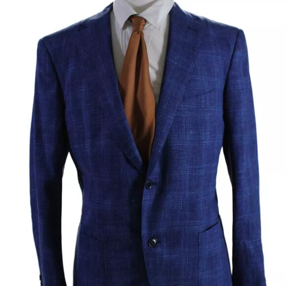 NWOT Current Luciano Barbera Blue Plaid Summer Sport Coat Patch Pocket EU52 US40
